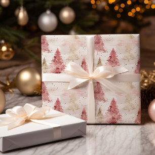Papier Cadeau Pinceau rose blanc et or Motif Arbre de Noël