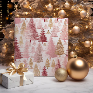 Papier Cadeau Pinceau rose blanc et or Motif Arbre de Noël