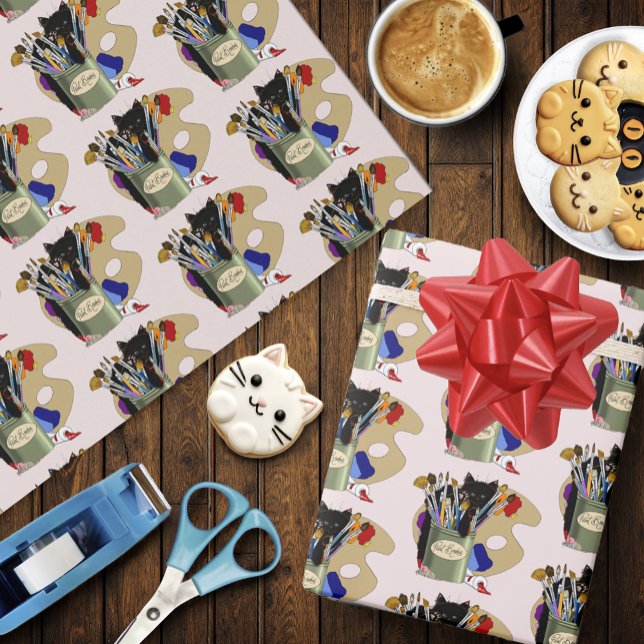 Papier Cadeau Pinceaux palette Noir Kitten Artiste (Créateur téléchargé)