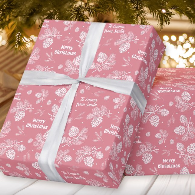 Papier Cadeau Pine Cone Motif rose Nom Texte Noël (Pine Cone Pattern Pink Name Text Christmas Wrapping Paper)