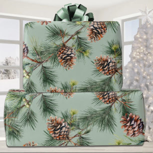 Papier Cadeau Pine Cones Laden Blanc Pine Garlands Sage Green