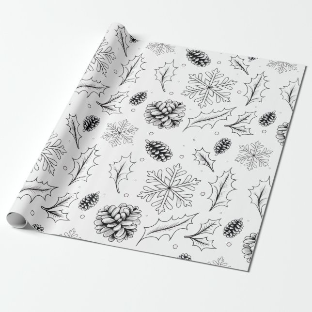 Papier Cadeau Pine Corn Feuille flocon de neige flocon saisonnie (Déroulé)