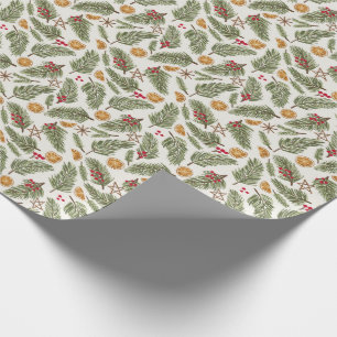 Papier Cadeau Pine Sprigs, Berries, Oranges en conserve, Noël