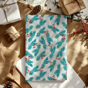 Papier Cadeau Pine Twigs et Red Berries Motif de Noël Blanc