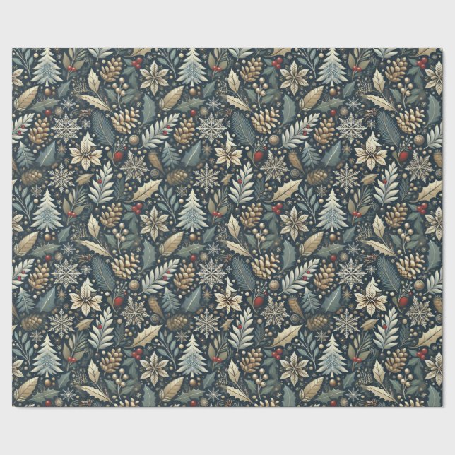 Papier Cadeau Pinecone, Holly, Snowflakes & Berries Holiday (Couture)