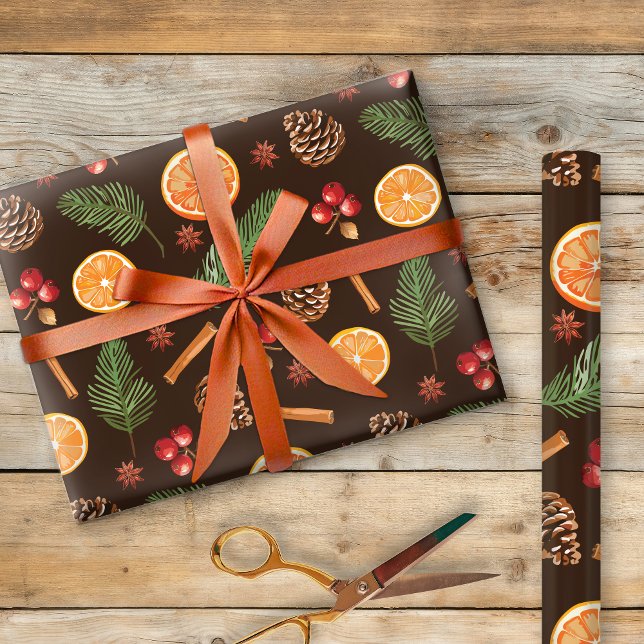 Papier Cadeau Pinecones Botaniques Rustiques Pine Orange Motif (Créateur téléchargé)