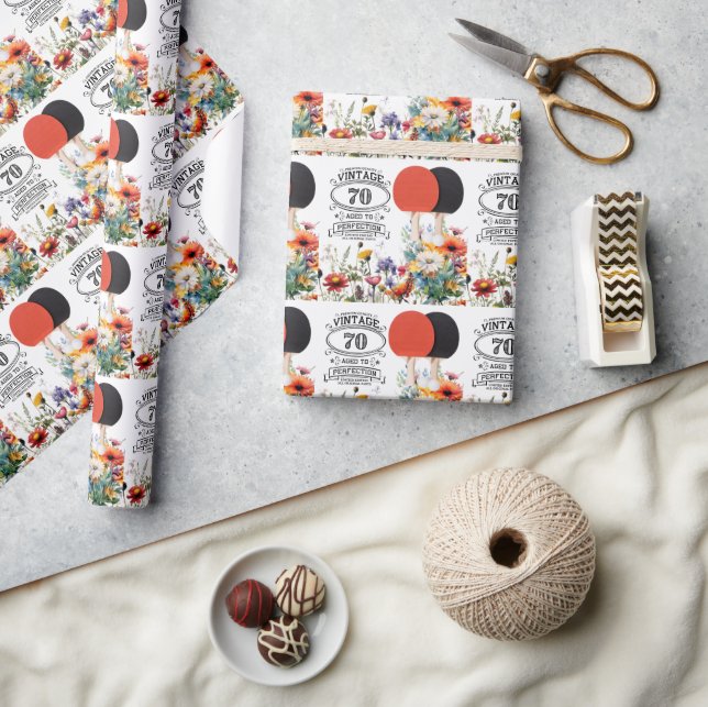 Papier Cadeau Ping pong 70e anniversaire avec pagaie et fleur (Artisanat)