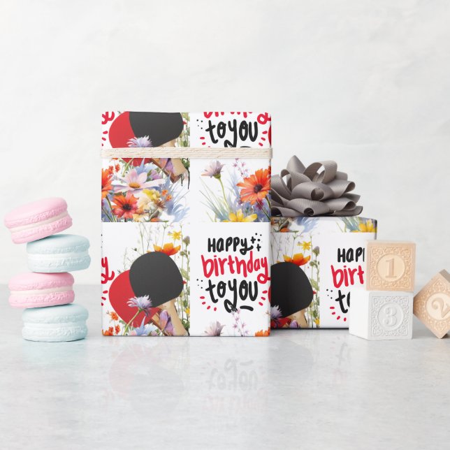 Papier Cadeau Ping pong Anniversaire avec paddle et fleur (Baby Shower)
