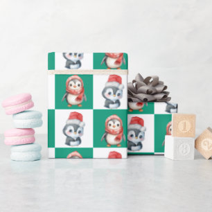 Papier Cadeau Pingin Père Noël aquarelle Joyeux motif de Noël