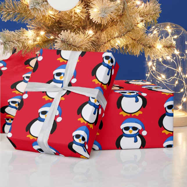 Papier Cadeau Pingouin cool mignon Noël hiver motif rouge  (Vacances)