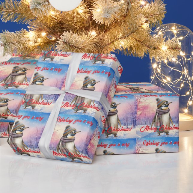 Papier Cadeau Pingouin dans un paysage enneigé Joyeux Noël (Vacances)