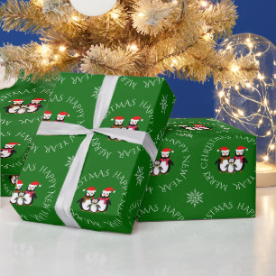 Papier Cadeau Pingouin de Noël famille texte personnalisé vert