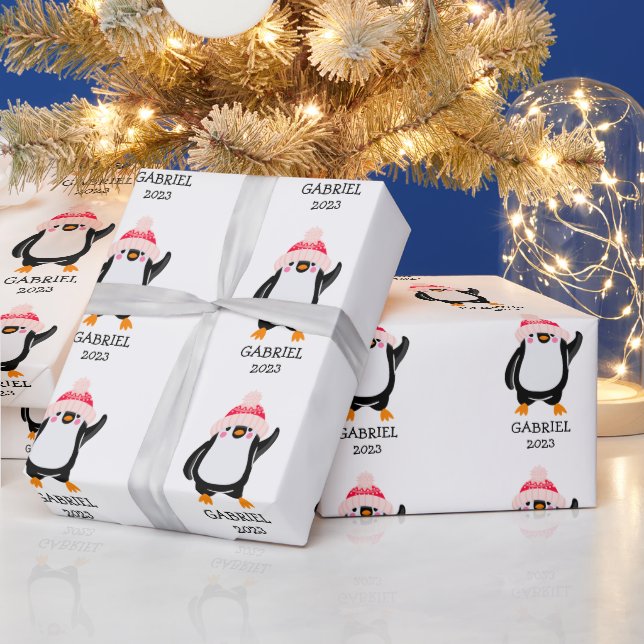 Papier Cadeau Pingouin de Noël mignon personnalisé en Casquette  (Vacances)