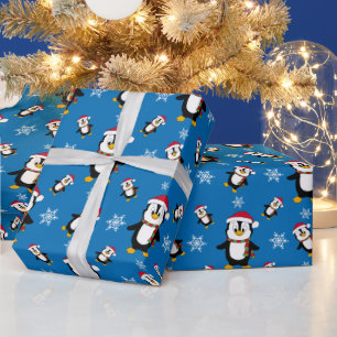 Papier Cadeau Pingouin d'hiver de Noël sur Arrière - plan bleu p