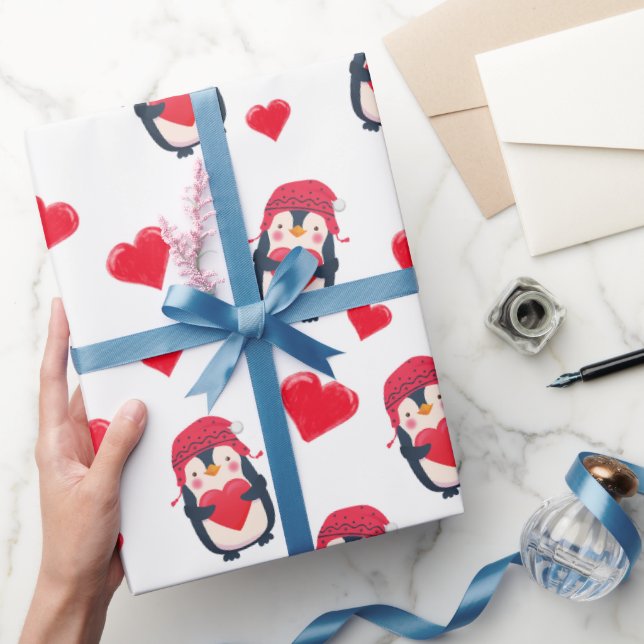Papier Cadeau Pingouin du coeur mignon hiver (Cadeaux)