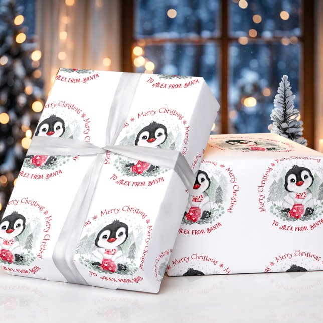 Papier Cadeau Pingouin mignon Nom personnalisé Noël (Cute Penguin Personalized Christmas Wrapping Paper)
