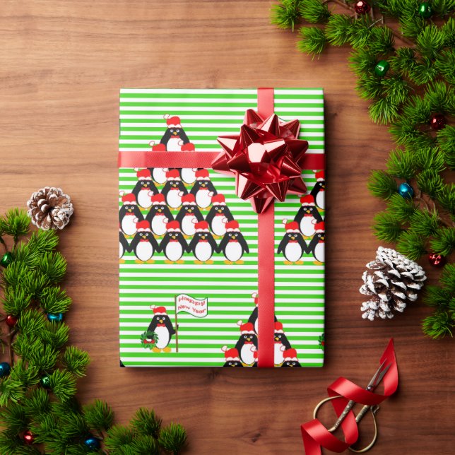 Papier Cadeau Pingouin Pyramide Green Stripe Noël (Cadeau de vacances)