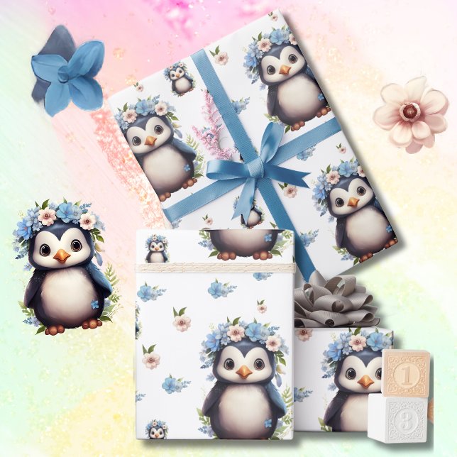 Papier Cadeau Pingouins d'aquarelle de printemps avec fleurs en  (Penguin pattern wrapping paper, bilingual editable text, Spanish, Multilingual project)
