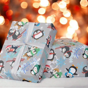 Papier Cadeau Pingouins de Noël sports d'hiver Cute Funny