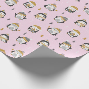 Papier Cadeau Pingouins mignons avec arbres, neige et cadeaux su