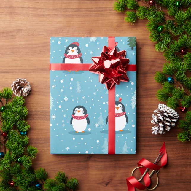 Papier Cadeau Pingouins mignons en bleu clair avec des flocons d (Cadeau de vacances)