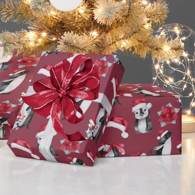 Papier Cadeau Pingouins mignons en Casquette de Noël Rouge (Créateur téléchargé)