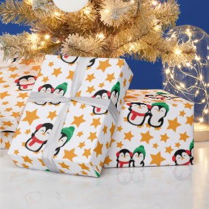 Papier Cadeau Pingouins mignons et étoiles jaunes Blanc sans cou