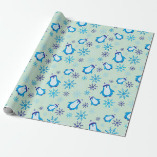 Papier Cadeau Pingouins mignons et flocons de neige bleu hiver s