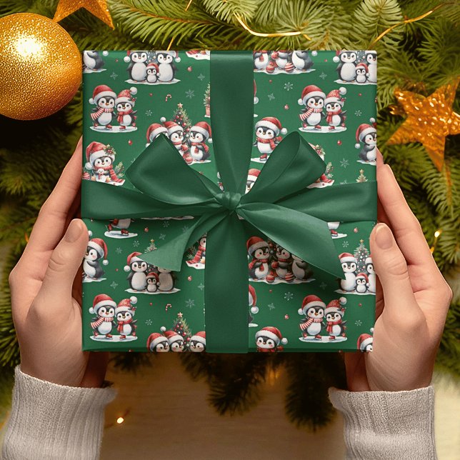 Papier Cadeau Pingouins mignons Hiver Vert et Rouge Noël (Créateur téléchargé)