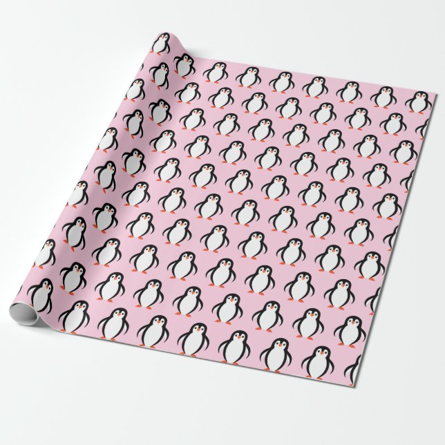 Papier Cadeau Pingouins mignons Motif sur Pink pastel clair (Déroulé)