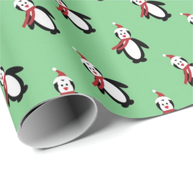 Papier Cadeau Pingouins mignons Santa Chapeau clair Vert Noël (Coin rond)