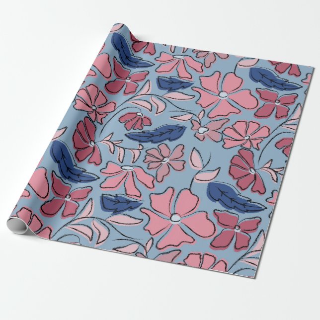 Papier Cadeau Pink and Blue Hand Drake Floral Block Print (Déroulé)