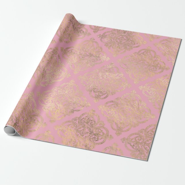 Papier Cadeau Pink and Gold Paris Foil Damask (Déroulé)