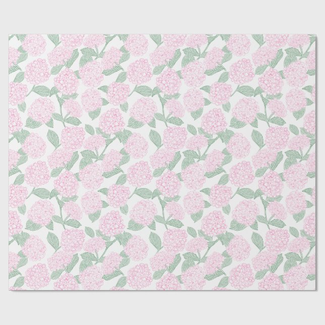 Papier Cadeau Pink and Green Hydrangea Floral (Plat)