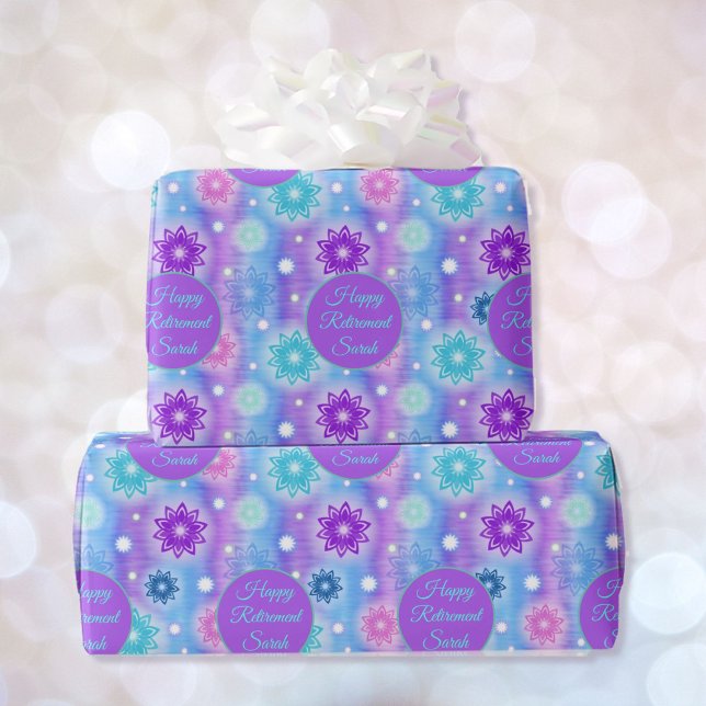 Papier Cadeau Pink Aqua Floral Bonne retraite Personnaliser le n (Créateur téléchargé)