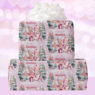 Papier Cadeau Pink Christmas Snowman ajouter Nom de la fille