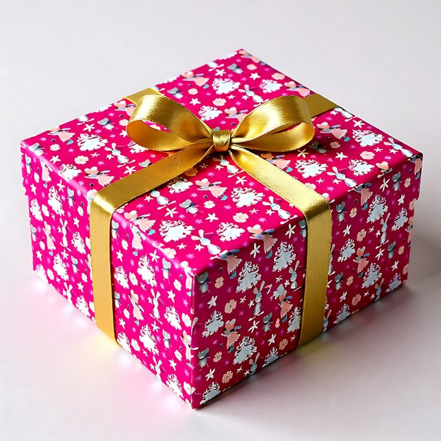 Papier Cadeau Pink clair 🎄 Pastel motif de Noël (Bright Pink🎄 Pastel Christmas pattern Wrapping Paper)