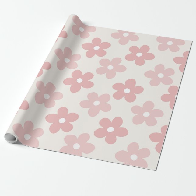 Papier Cadeau Pink Cream Daisy Flowers Retro Pattern (Déroulé)