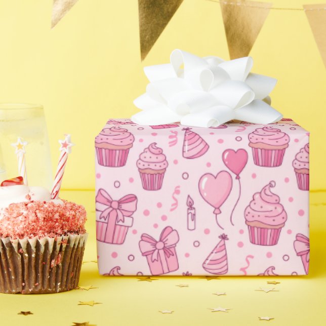 Papier Cadeau Pink Cupcakes Birthday Wrapping Paper (Fête d'anniversaire)