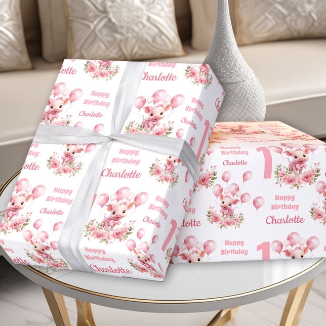 Papier Cadeau Pink Cute Piggy Farm à thème fille 1er anniversair (Pink Cute Piggy Farm Themed Girl 1st Birthday Wrapping Paper)