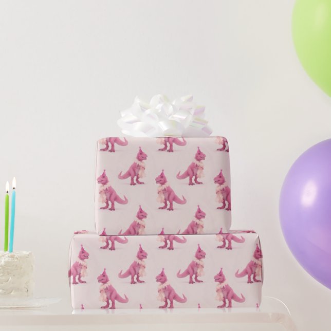 Papier Cadeau Pink cute t-rex dinasour with boa and party hat (Cadeaux de fête)