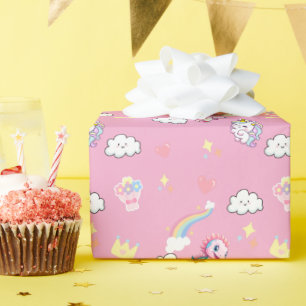 Papier Cadeau Pink Cute Unicorn dinosaures arc-en-ciel fête d'an