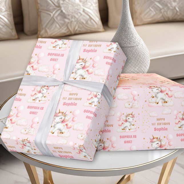 Papier Cadeau Pink Cute Unicorn Girl 1er Anniversaire Nom (Pink Cute Unicorn Girl 1st Birthday Name Wrapping Paper)