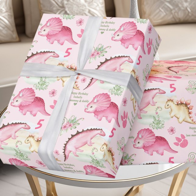 Papier Cadeau Pink Dinosaur Girl Anniversaire Nom personnalisé N (Pink Dinosaur Girl Birthday Custom Name Number Wrapping Paper)