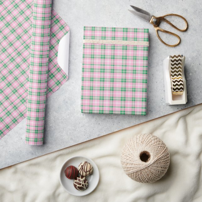 Papier Cadeau Pink et vert preppy Plaid (Artisanat)