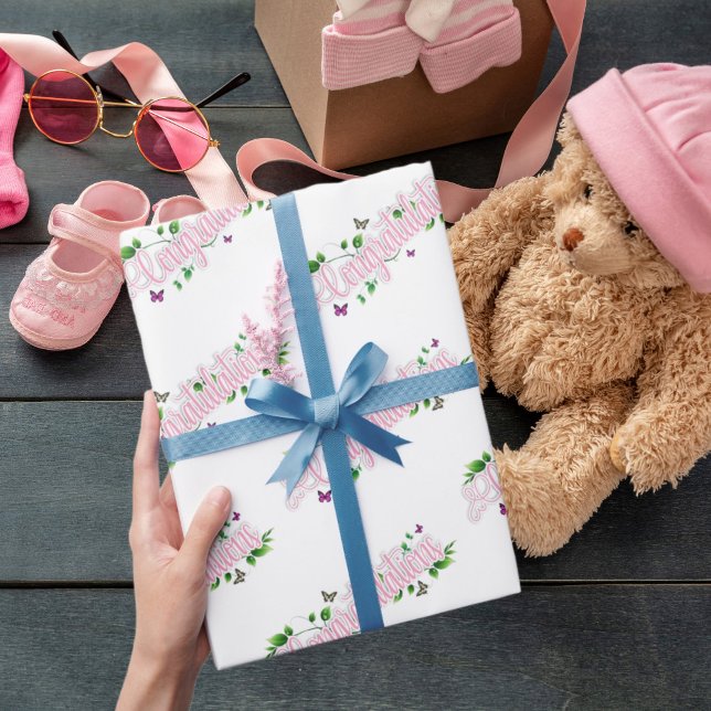 Papier Cadeau Pink Floral Félicitations texte Enveloppement Papi (Créateur téléchargé)