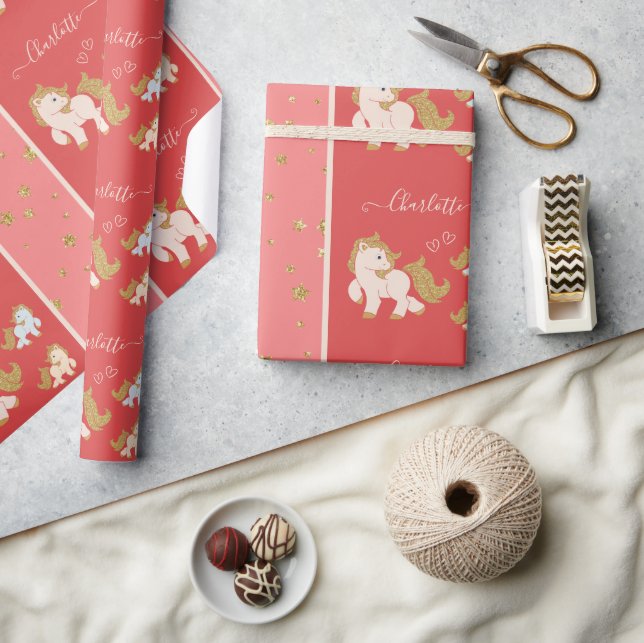 Papier Cadeau Pink Glitter Ponies with First Name Little Girl (Artisanat)
