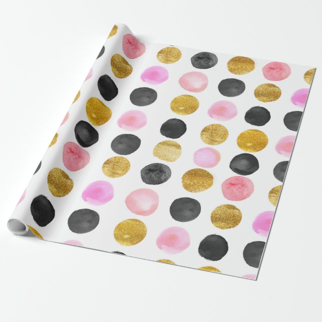 Papier Cadeau Pink Gold & Black Aquarelle Peinture Motif points (Déroulé)