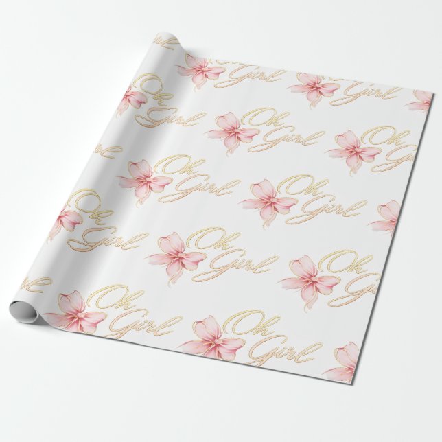 Papier Cadeau Pink & Gold “Oh Girl” Gold Typography Baby Shower (Déroulé)