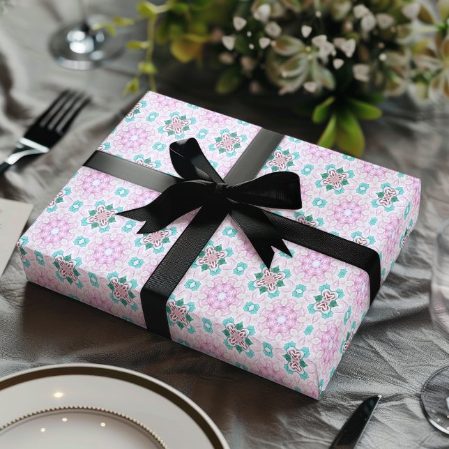 PAPIER CADEAU PINK GREEN ROSES GIRLY (Abstract pink floral wrapping paper)